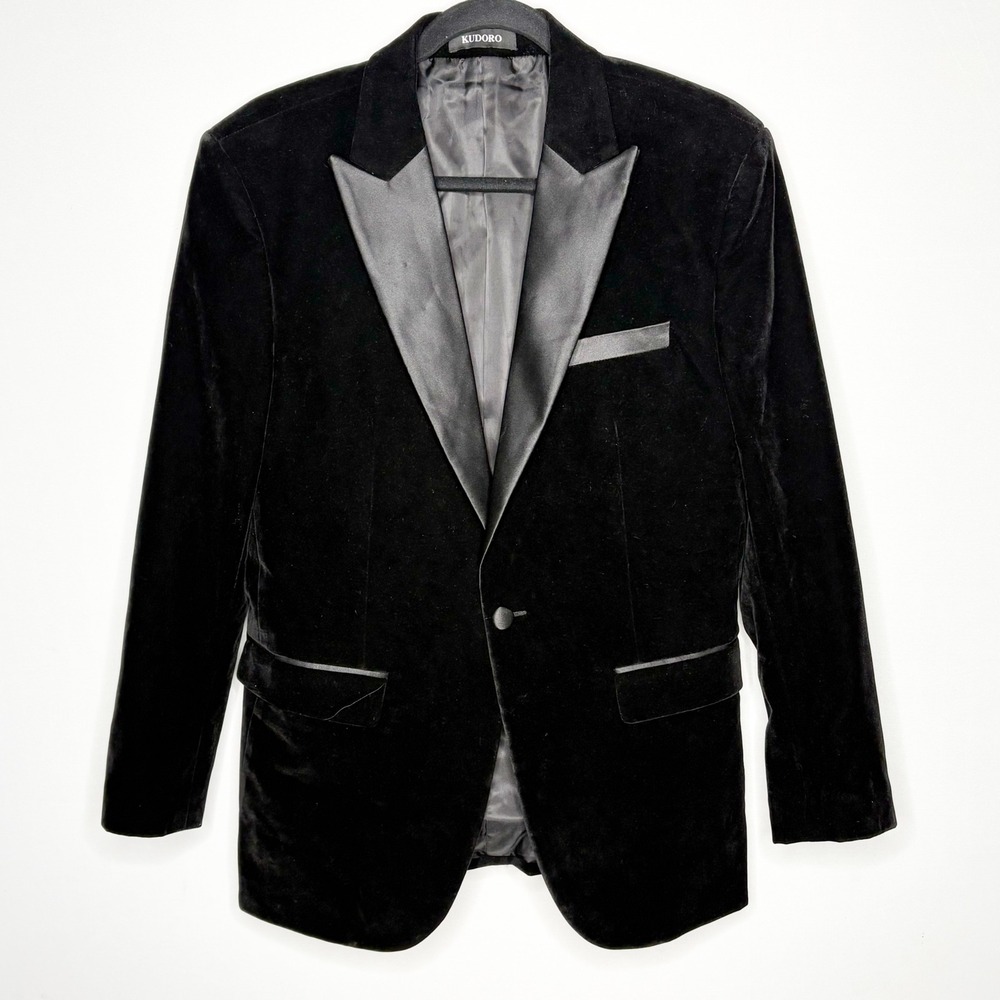 Kudoro Mens Black Velvet Tuxedo Jacket Satin Peak Lapel Formal Blazer Small